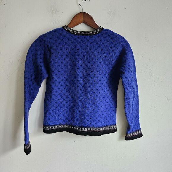 Women Vintage Tally Ho Blue Black 100% Wool Cardigan Sweater Nordic Tag Size M - Picture 4 of 7